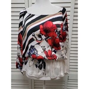 White House Black Market Floral Peplum Top Off Shoulder Red Blue Satin SZ M